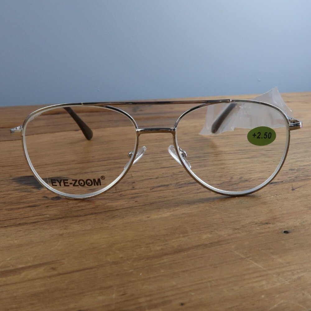 EYEZOOM SILVER FRAME 55MM UNISEX AVAITOR READING GLASSES 2.50 NWT